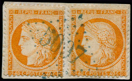 O FRANCE - Poste - 38, 2 Exemplaires Sur Fragment, Oblitération GC Bleu "5037" (Laghouat): 40c. Orange - 1849-1850 Cérès