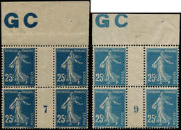 ** FRANCE - Poste - 140, 2 Blocs De 4, Millésime "7" Et "9" + Manchette GC: 25c. Semeuse Bleu - 1849-1850 Cérès
