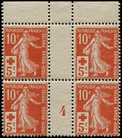 ** FRANCE - Poste - 147, Bloc De 4, Millésime "4", Bdf, (pli De Gomme D'origine Sur Un Timbre): 10c.+5c. Croix-Rouge - 1849-1850 Cérès