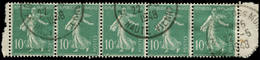 O FRANCE - Poste - 188B, Chiffres Maigres, Bande De 5 (rare En Multiple), Bdf: 10c. Semeuse Vert - 1849-1850 Ceres