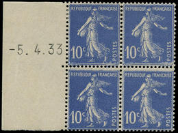 * FRANCE - Poste - 279, Bloc De 4 Coin Daté à Gauche 5/4/33 (roulette): 10c. Semeuse Bleu - 1849-1850 Cérès