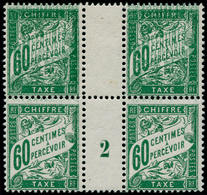 * FRANCE - Taxe - 38, Bloc De 4 Millésime "2", Les 2 Timbres Supérieurs Double Impression: 60c. Vert - 1859-1959 Neufs