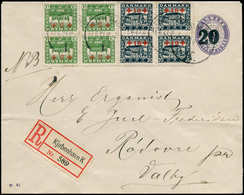DANEMARK - Poste - 130/31, 2 Blocs De 4 Sur Entier 20/15öre  Violet, Recommandée: Croix-Rouge 1921 - Autres & Non Classés