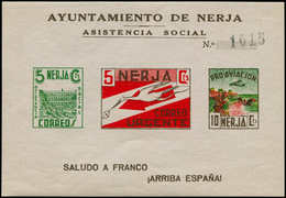 ** ESPAGNE GUERRE CIVILE NATION - Poste - Nerja Ed. 24, Feuillet Triptyque Polychrome Sans Couleur Jaune (RR): 5c+5c+10c - Vignettes De La Guerre Civile