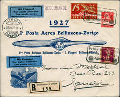 SUISSE - 1° Vols - 22/8/1927 Bellinzona/Zurich, Enveloppe Entier Tsc 20c. Rouge Illustrée (phénix), Recommandée Cachet S - Autres & Non Classés