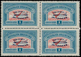 * ARGENTINE - Poste Aérienne - 19Da, Bloc De 4 (1 Ex **), Surcharge Renversée (tirage 50), Signé: 1p. Zeppelin (catalogu - Autres & Non Classés