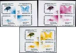 ** DOMINICAINE - Poste - 1388/91, 3 Blocs De 4 En Couleurs Non Adoptées, Bleu/jaune/rouge (essais): Papillon, Insectes - Dominicaine (République)