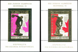 ** GUINEE EQUATORIALE - Blocs Feuillets - Michel 211, Or, Erreur De Couleur Fond Rose Au Lieu De Rouge: J.O De Montréal  - Guinée Equatoriale