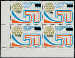 ** HONDURAS - Poste Aérienne - 1049, Bloc De 4, Double Surcharge Noire + Une Surcharge Au Verso: 2.60 S. 3c. Rotary - Honduras