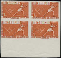 ** NICARAGUA - Poste - 735, Bloc De 4, Non Dentelé, (tirage 50 Exemplaires), Bdf: 1c. Soft Ball, Base-ball - Nicaragua