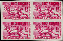 ** NICARAGUA - Poste - 741, Bloc De 4, Non Dentelé, (tirage 50 Exemplaires): 15c. Rose Base-ball - Nicaragua