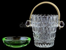 Formába öntött üveg Jégvödör, Fém Füllel, Kis Kopásnyomokkal, M: 14 Cm + Zöld üveg Hamutartó, Csorbával, D: 12 Cm - Glass & Crystal