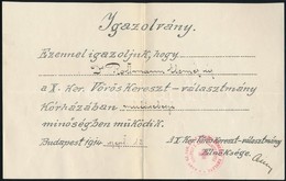 1914 Magyar Vöröskereszt Műtősebészi Igazolványa, Pecséttel, 13x21 Cm - Unclassified