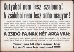 Cca 1939 "Kutyából Nem Lesz Szalonna! A Zsidóból Nem Lesz Soha Magyar!" - Zsidóellenes Plakát, Kis Szakadásokkal, 29×42  - Other & Unclassified