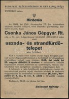 1947-49 2 Db Hirdetmény: Lágymányosi Uszoda és VIII. Kerületi üvegcsiszoló Műhely Felállítása 21x30 Cm - Ohne Zuordnung