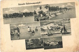 T3 1949 Balatonszepezd, Szepezd; Részletek, Fürdőzők, Strand, Villa, Országzászló, Vitorlások (felületi Sérülés / Surfac - Ohne Zuordnung