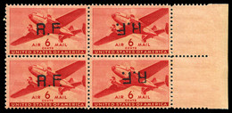 N°5, (N°Mayer), Casablanca Type II: 2 Exemplaires Surcharge 'RF' Renversée Tenant à Normaux En Bloc De Quatre Bdf, Rare - Military Airmail