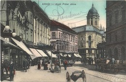 T2 1913 Arad, Atzél Péter Utca, Lóvasút, Lovasszekerek, üzletek, Szálloda A Fehér Kereszthez. Bloch H. Kiadása / Street  - Sin Clasificación