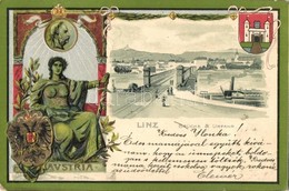 T4 Linz, Brücke & Urfahr / Bridge, Steamship. Coat Of Arms, Art Nouveau Emb. Litho (EM) - Ohne Zuordnung