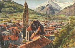 T2 1913 Merano, Meran (Südtirol); General View, Church, Art Postcard, Artist Signed - Ohne Zuordnung