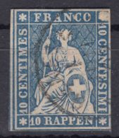 Switzerland 1854 10 Rp Dark Blue Mi#14 Used - Usati