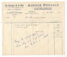 Facture , Agence RENAULT , Les Garages De La Brie ,B. Boiteau ,77 , LA FERTE GAUCHER ,1953 , Frais Fr 1.45 E - Automobilismo