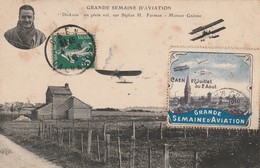 Dickson En Plein Vol Sur Biplan H. Farman - Moteur Gnôme - Vignette Grande Semaine D'Aviation Caen 1910 - Aviadores