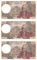 LOT De 3 Billets N° à Suivre En SPL De 10 Francs VOLTAIRE Du 4 Janvier 1968 - Alph J. 388 @ N° Fayette : 62.31 - 10 F 1963-1973 ''Voltaire''