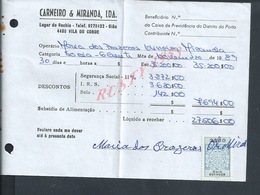 DOCUMENT COMMERCIAL 1985 DE CARNEIRO & MIRANDA GIAO VILA DO CONDE SUR TIMBRES FISCAUX DU PORTUGAL : - Lettres & Documents