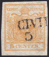 1850 - 5 Cent. Giallo Arancio, I Tiratura, Con Filigrana (1d), Perfetto, Usato A Cividale. Bello! E.... - Lombardo-Venetien