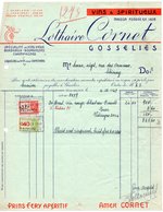 VINS & SPIRITUEUX - LOTHAIRE CORNET - BORDEAUX - BOURGOGNES - CHAMPAGNES - GOSSELIES - CHIMAY - 4 OCTOBRE 1949. - Alimentaire
