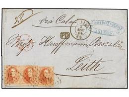 BELGICA. Of.16 (3). 1864. ANVERS To LEITH (Great Britain). Folded Letter Franked With Three 40 Cts. Red Stamps. ANGLATER - Otros & Sin Clasificación