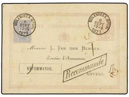 BELGICA. Of.31. 1873. MOLEMBEEK To ANVERS. 5 Cts. Lilac Postal Stationery Card Uprated With 20 Cts. Blue Stamp. RECOMMAN - Altri & Non Classificati