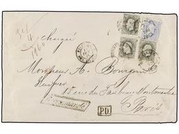 BELGICA. Of.31, 35 (3). 1875. BRUXELLES To FRANCE. Envelope Franked With 20 Cts. Blue And Three 50 Cts. Grey Stamps. REC - Other & Unclassified