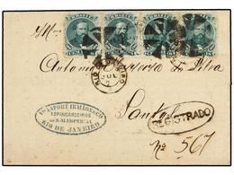 BRASIL. Sc.58. 1866. RÍO DE JANEIRO A SANTOS. 100 Reis Verde, Tira De Cuatro, Mat. De CORCHO Segmentado Y Marca En Un óv - Other & Unclassified