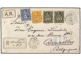 CHILE. Sc.28, 29, 31 (2). 1893. SANTIAGO A BRUSELAS (Bélgica). Entero Postal De 10 Ctvos. Gris Con Franqueo Adicional De - Autres & Non Classés