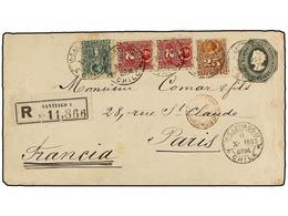 CHILE. Sc.25, 26 (2), 32. 1895. SANTIAGO A PARÍS. Entero Postal De 20 Ctvos. Verde Con Franqueo Adicional De 1 Ctvo. Ver - Andere & Zonder Classificatie