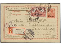 CHINA. 1907. CANTON To HAMBURG. 10 Pf. Red German Postal Stationary Card Uprated With 1/2 Dollars On 1 Mk. Stamp. Sent R - Other & Unclassified