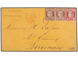 CUBA. 1876. SANTIAGO DE CUBA A BORDEAUX. Circulada Por Un Correo Francés Con Sellos De 10 Cts. Castaño S. Rosa (2) Y 80  - Autres & Non Classés