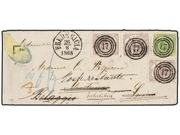 DINAMARCA. 1868. FREDERICIA To SWITZERLAND. Envelope Franked With 3 Sk. Purple (3) And 8 Sk. Green Tied With Triple Circ - Autres & Non Classés