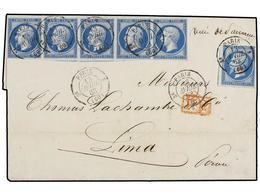 FRANCIA. Yv.14B (6). 1863. PARÍS A LIMA. 20 Cts. Azul, Sello Suelto (margen Corto) Y Tira De Cinco (márgenes Completos), - Otros & Sin Clasificación