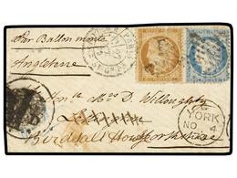 FRANCIA. 1870 (27 Oct.). PARIS To YORK (Great Britain). BALLOON 'LE COLONEL CHARRAS'. Envelope (without Text) Franked Wi - Autres & Non Classés