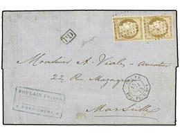 INDIA FRANCESA. 1874. PONDICHERY A  MARSELLA. Circulada Con Dos Sellos De Colonias De 30 Cts. Castaño, Mat. ANCLA Y Fech - Other & Unclassified