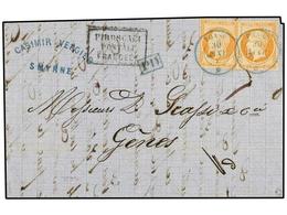 LEVANTE: CORREO FRANCES. 1863. SMYRNA A GÉNOVA (Italia). 40 Cts. Naranja (2) (Yv. 23) Mat. De Paquebot PHASE/* En Azul.  - Otros & Sin Clasificación