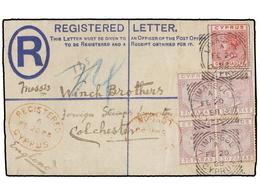 CHIPRE. 1888. LIMASSOL To GREAT BRITAIN. Two Piastras Registered Stationery Envelope Uprated Two 30pa. Pairs And 1pi. Ar - Other & Unclassified