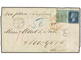 GIBRALTAR. 1867. GIBRALTAR To NEW YORK. Entire Letter (faults) Franked With GB 2 D. Blue And 1 Sh. Green (pl. 4) Cancell - Other & Unclassified