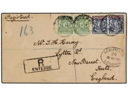 UGANDA. 1902. ENTEBBE To ENGLAND. Registered Envelope Franked With 1/2a. Green (2) And 2 1/2a. Blue (2) Overp. UGANDA Ti - Andere & Zonder Classificatie