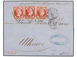 GRECIA. 1862. 80 Lep Carmine, Paris Print, Three Singles, Complete To Very Large Margins, Used As Due On 1862 Cover From - Andere & Zonder Classificatie