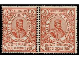 ** ITALIA. Sa.89d. 1910. 5 Cent. Rojo. Pareja Horizontal Con DOBLE DENTADO CENTRAL. MAGNÍFICO. - Altri & Non Classificati