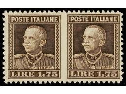 ** ITALIA. Sa.214h. 1927. 1,75 Liras Castaño. Pareja SIN DENTAR EN EL CENTRO. MAGNÍFICA. - Altri & Non Classificati